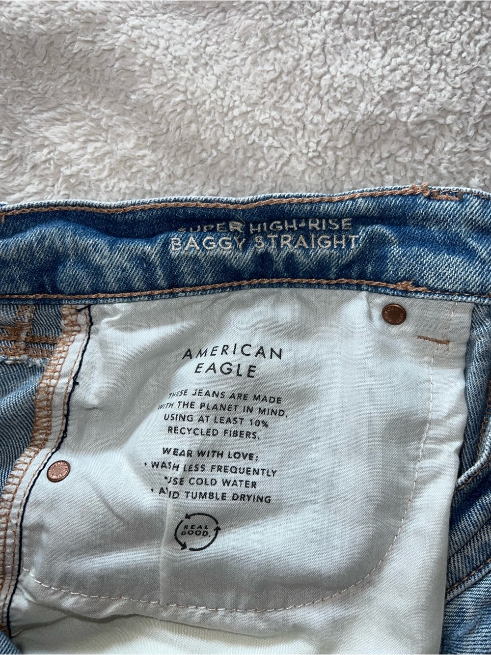 American Eagle Distressed Light Blue Super High-Rise Baggy Straight Leg Jeans - Picture 8 of 13